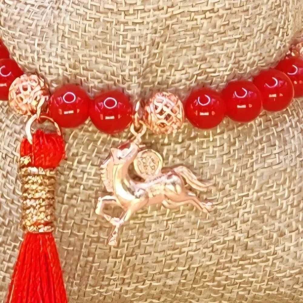 Red Chalcedony and Rose Gold Beaded Bracelet with Fire Horse Charm and Tassel